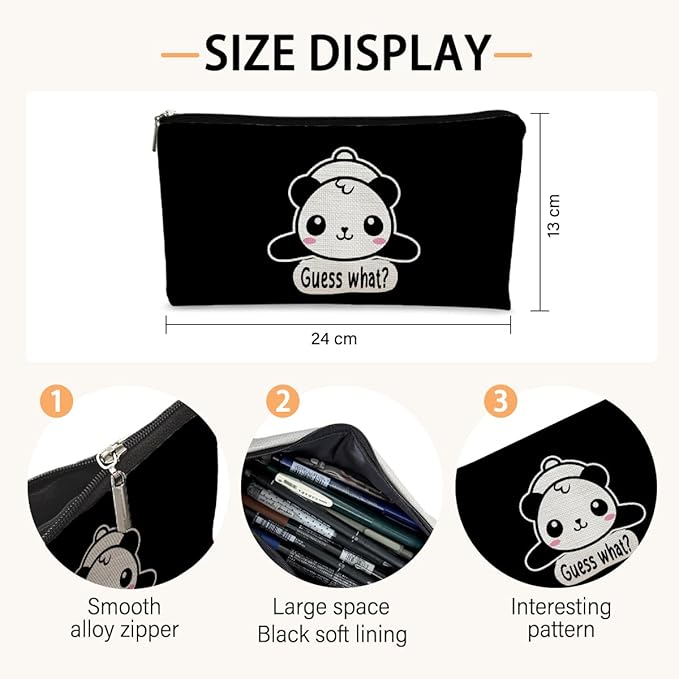 Panda Gifts Black Makeup Bag,Gifts for Panda Lover Wonmen Girls,Cute Baby Panda Guess What It's Pug Butt Cosmetic Bag,Makeup Case for Teen Girls Daughter,Panda Accessories,Canvas Zipper Pouch