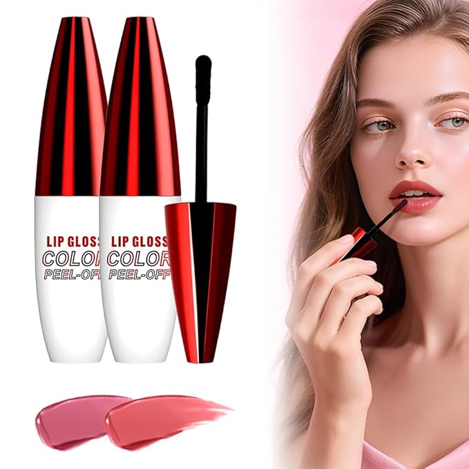 2 PCS Lip Gloss Color Peel Off Lip Stain, Long Lasting Lipstain Peel Off, Charming Lipstick Transfer Proof No Stick Cup (01-Rose Red and 02-Grapefruit Color)