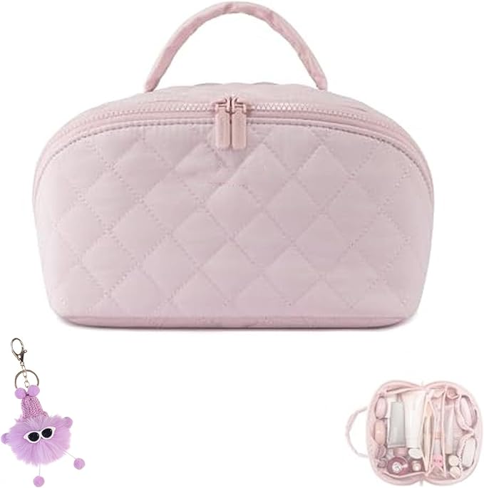 Makeup Bag for Woman, 180° Lay Flat Wide Open Makeup Bags, Large Fold out Washable Cosmetic Case, Quilted Puffy Toiletry Bags for Toiletries (Pink)