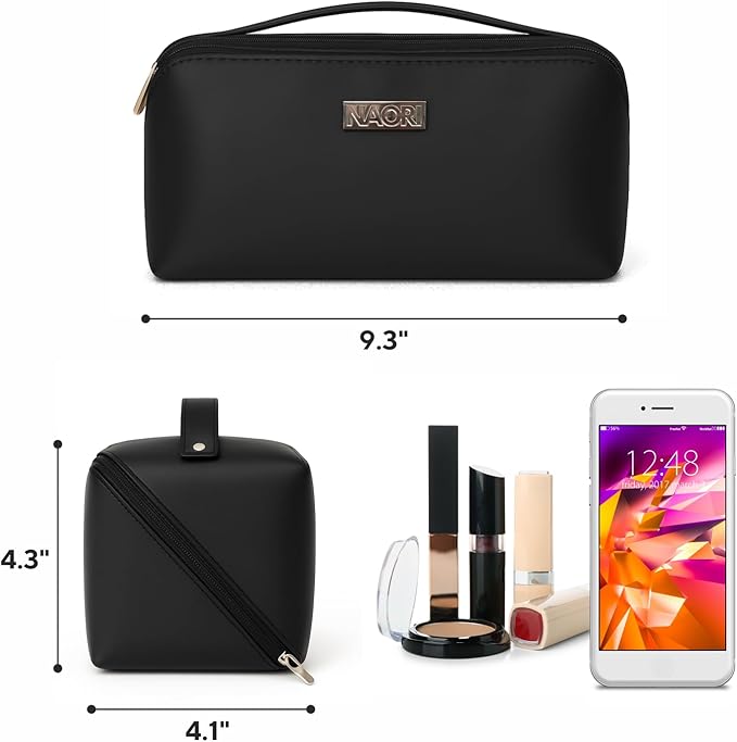 NAORI Travel Makeup Bag for Women | Large Luxury Cosmetic Organizer with Handle & Inner Pockets | Waterproof Leather Toiletry Bag | Makeup Case for Home, Travel & Gifting (Elegant Black)