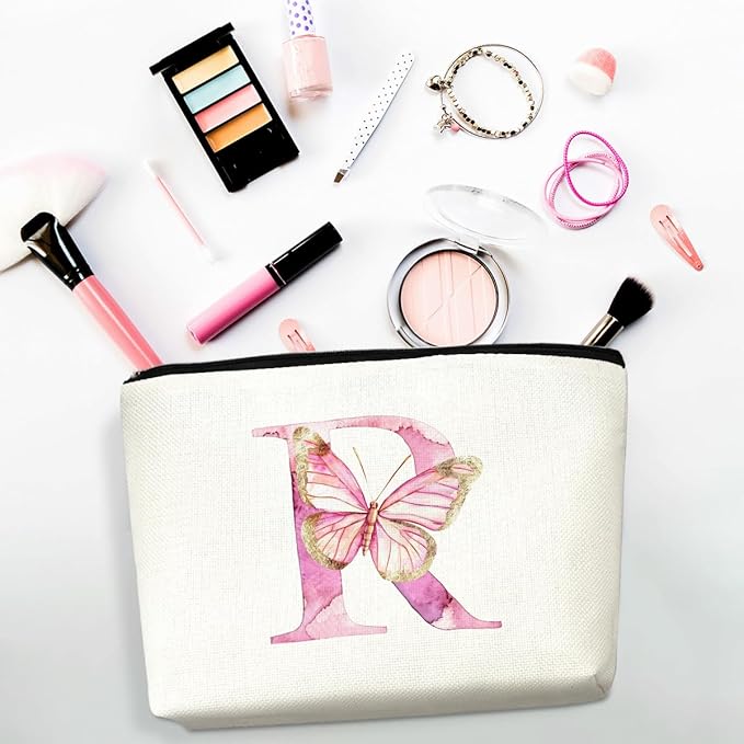 Initial Makeup Bag Pink Butterfly R Personalized Cosmetic Bag Monogrammed Gifts for Women Girls Bride Bridesmaid Monogram Zipper Pouch for Friendship Mothers Day Birthday Wedding Bridal Shower Gifts