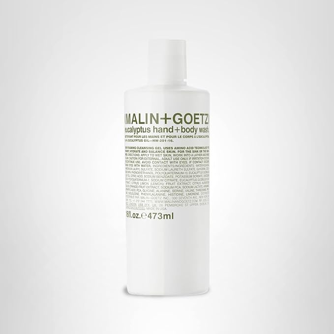 Malin + Goetz Eucalyptus Hand + Body Wash natural cleansing, purifying, hydrating hand & body wash. all skin types, dry, irritated, sensitive. No stripping/irritation. Cruelty-free & vegan 16 Fl oz