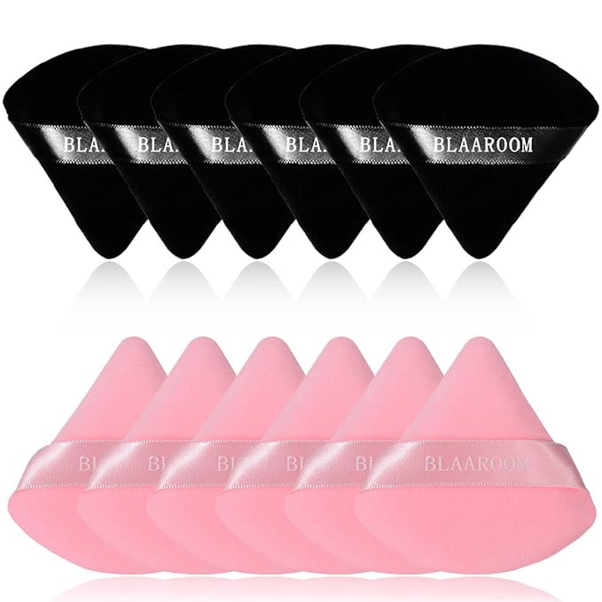 BLAAROOM 12 Pieces Velour Pure Cotton Powder Puff Face Makeup Triangle Powder Puffs for Loose Powder Wet Dry Cosmetic Foundation Beauty Sponge Makeup Tools -Black & Pink