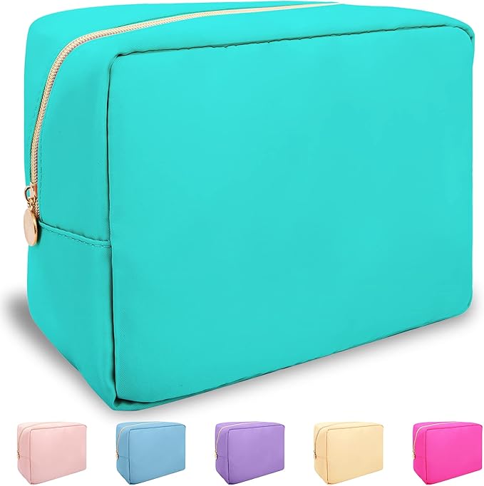 Nylon Large Makeup Bag Travel Pouch for Women, Preppy Big Makeup Bag Cute Cosmetic Zipper Pouch Purse, DIY Chenille Letter Bag Waterproof Toiletry Bag Clutch Make Up Organizer for Women Girls(Mint)