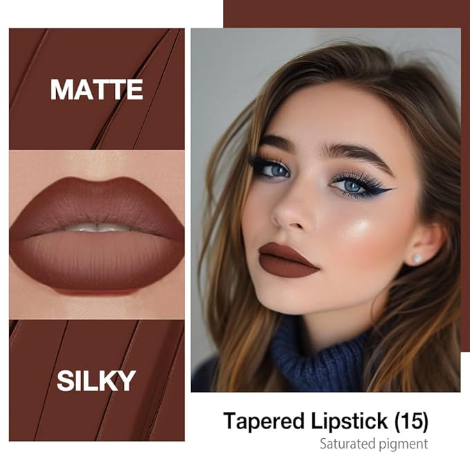 Kaely Dark Brown Gradient Matte Lipstick Lip Liner Pencil for Women, 2-in-1 Flawless Contour Gradual Ombre Effect Lipliners Pencil Lip Gloss Makeup Waterproof, labiales mate 24 horas originales, 15