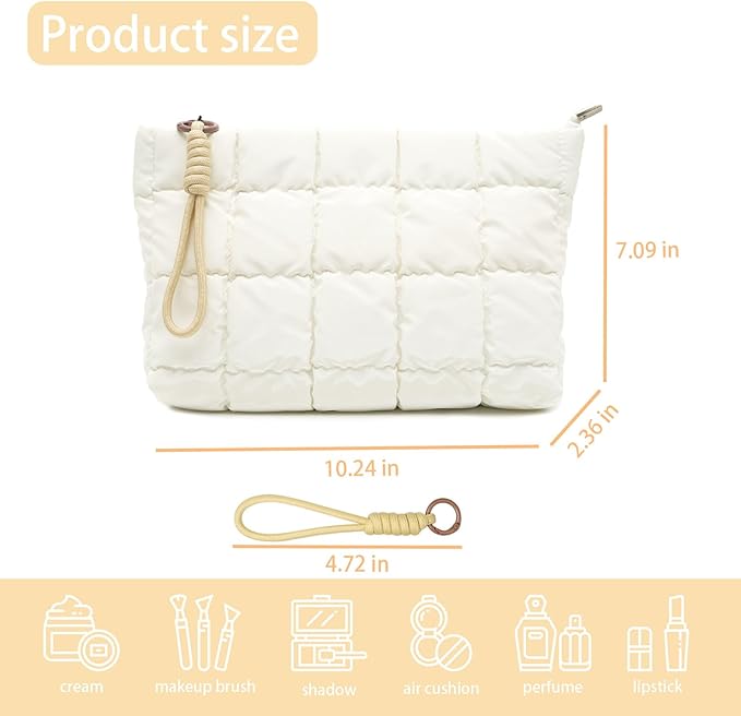Puffer Quilted Makeup Bag Travel Cosmetic Bag Portable Puffy Checkered Toiletry Pouch Skincare Organizer Purse Pencil Case (White)