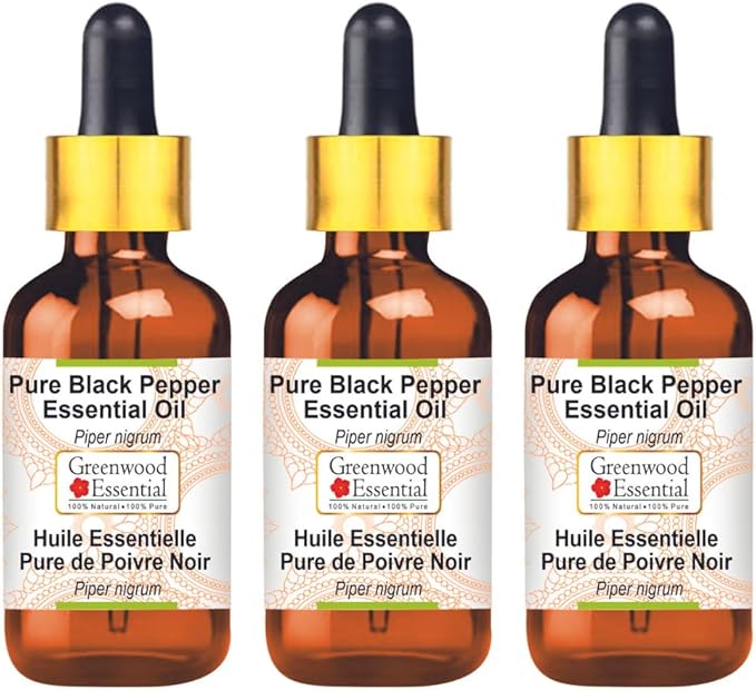 Greenwood Essential Pure Black Pepper Essential Oil (Piper nigrum) with Glass Dropper Steam Distilled (Pack of Three) 100ml X 3 (10.1oz)