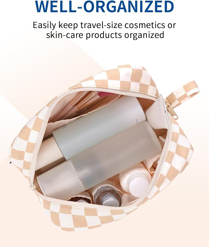 Narwey Checkered Makeup Bag Travel Cosmetic Bag Organizer Small Toiletry Bag Make Up Bags with Organized Pockets for Women (Light Checkerboard, Large)