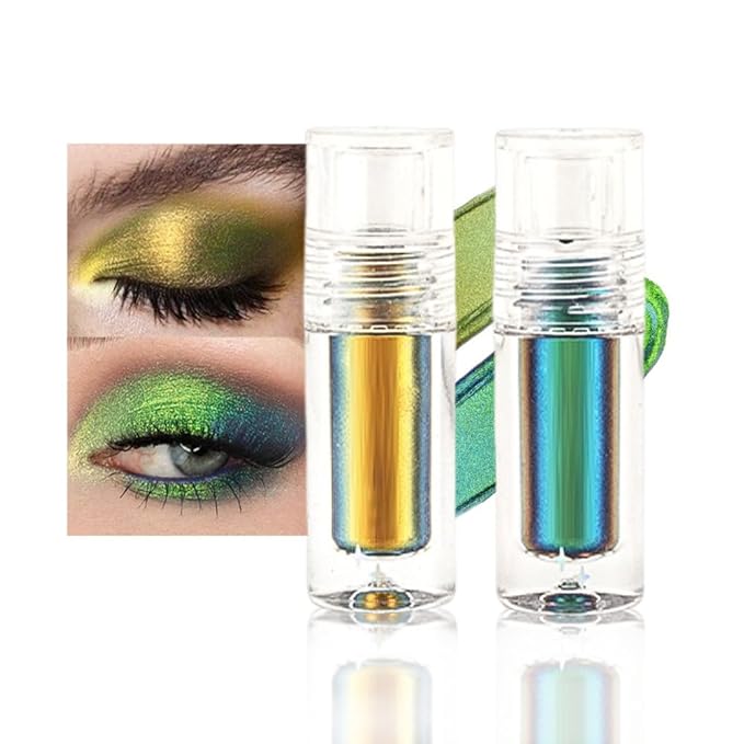 evpct 2Pcs Yellow Green Duochrome Chameleon Liquid Eyeshadow, Multichrome Metallic Glitter Liquid Eye Shadow Makeup for Women, Waterproof Color Shifting High Pigment Holographic Iridescent Eyeshadow