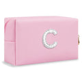 ChaoGreat Bride Gifts – Personalized Initial Makeup Bag with Pearl Rhinestone Patch, Preppy Pink Monogram Cosmetic/Toiletry Pouch, bridesmaid Gifts, Bridal Shower Gifts, Wedding Gifts, Bridal Gifts,C