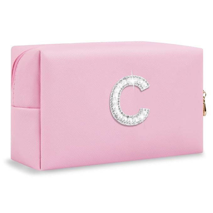 ChaoGreat Bride Gifts – Personalized Initial Makeup Bag with Pearl Rhinestone Patch, Preppy Pink Monogram Cosmetic/Toiletry Pouch, bridesmaid Gifts, Bridal Shower Gifts, Wedding Gifts, Bridal Gifts,C