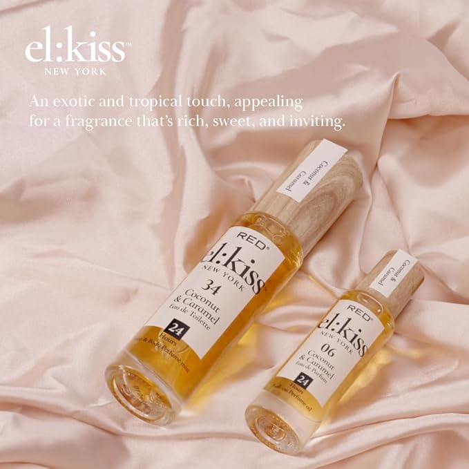 EL:KISS Roll On Perfume, Coconut & Caramel Eau de Parfum 12mL (.40 Fl Oz), Hydrating & Long-Lasting, Alcohol-Free & Mineral Oil-Free, Infused with Jojoba, Argan & Coconut Oil