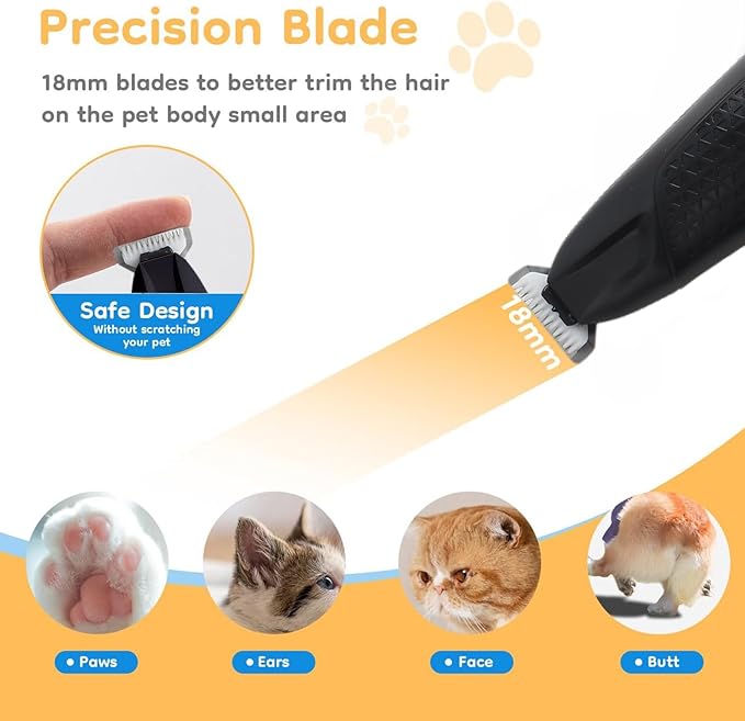 Professional Dog & Cat Trimmer - Quiet Electric Pet Grooming Kit for Ears/Eyes/Paws with LED Light - Cordless Battery-Powered Fur & Nail Clipper for Small/Large Breeds (Black)