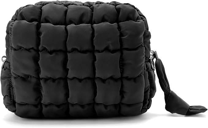 Puffy Quilted Makeup Bag Small Puffer Bag Cosmetic Bags Travel Toiletry Purse for Women, Cute Organizer Pouch, Black
