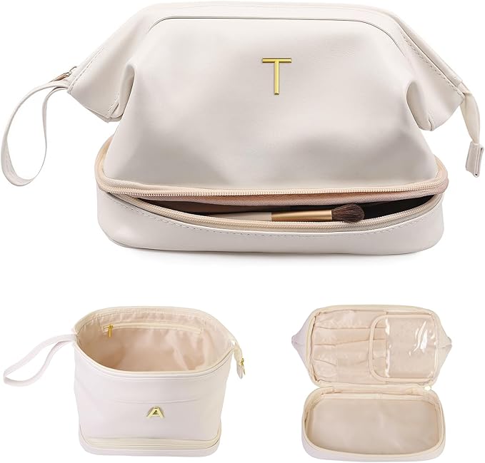 Birthday Gifts for Girls, Initial Large Makeup Bag, Personalized Double Layer Cosmetic Bag with Makeup Brush Organizer, Large Capacity PU Leather Travel Toiletry Bag Travel Stuff for Girls