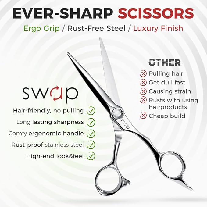 SWAP Professional Hair Cutting Scissors - 5.5'' Japanese SUS 440C Steel Barber Scissors, 60-62HRC Sharp Edge Blade with Adjustable Tension Screw for Salon & Home Use（5.5'' Hair Shears）