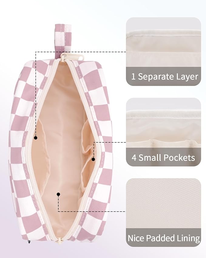 Narwey Cute Checkered Makeup Bag with Organized Pockets for Women - Dusty Rose Checkerboard, Zipper Pouch, Mini Travel Makeup Pouch