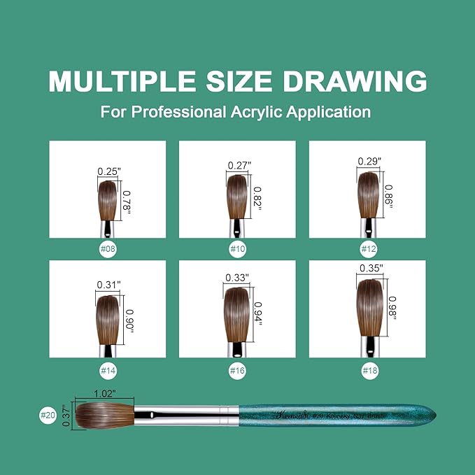 Acrylic Nail Brush Size #14, 100% Pure Kolinsky Nail Art Brushes for Acrylic Application, Sturdy Starry Handle Oval Shaped Nail Design Tools for Professional Manicure DIY, Green