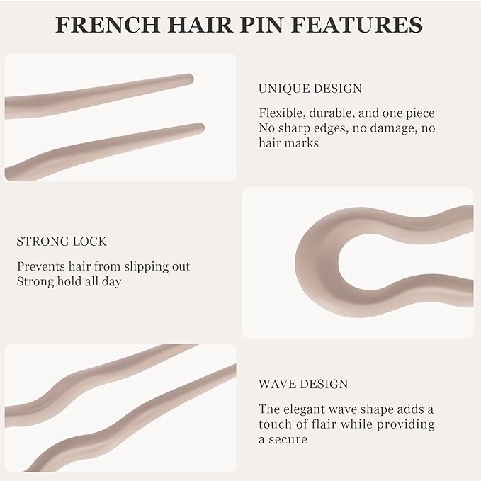 Sunolga 8PCS French Hair Pins for Thick Hair, Fashion French Pins Hair Styling, Matte French Hairpin for Women Fine Hair Accessories, French Twist Pin Wavy U Shaped Holiday Gifts
