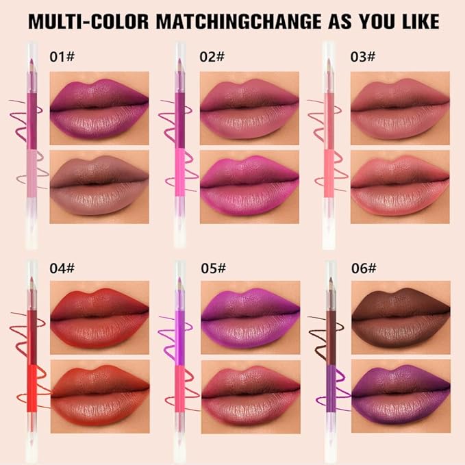 6Pcs Dual-Ended Dual-Colored Matte Lipstick Crayon Lip Liner pencil Set，Creamy & Hydrating Matte Lip Pencil, Smudge-Proof, Long-Wear Waterproof Lipstick to Create Perfect Lip Makeup (6pcs) Set #01
