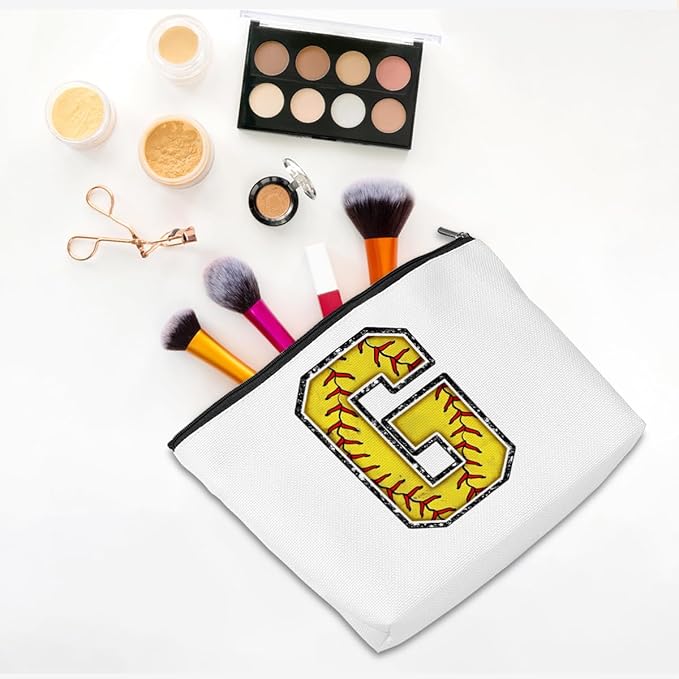 Softball Gifts Initial Makeup Bag Monogrammed Cosmetic Bag Letter G Zipper Pouch Softball Accessories for Girls Women Softballs Player Coach Friend Softballs Stuff Graduation Birthday Gifts