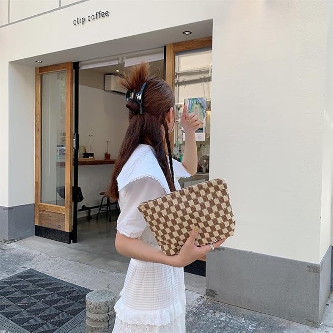 2 Pieces Makeup Bag Set, Small Brown Checkered Cosmetic Bag Travel Toiletry Organizer Mini Cosmetic Pouch Case Makeup Brushes Cute Quilted Aesthetic Accessories Storage Bag for Women
