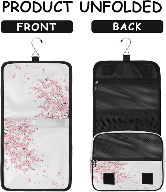 Travel Toiletry Bag for Women & Men Japanese Pink Flower Hanging Cosmetic Organizer Portable Waterproof Makeup Case Make Up Bag with Compartments Travel Essentials for Bathroom Shower