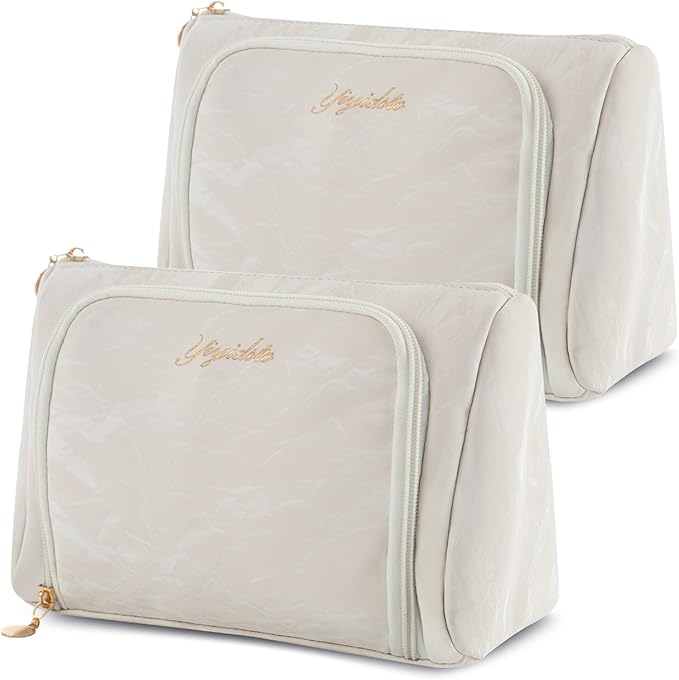 Cosmetic Bag Travel Makeup Bag Large Capacity Small Travel Zipper Pouch Makeup Organizer Bag for Women (White-2 Pack)