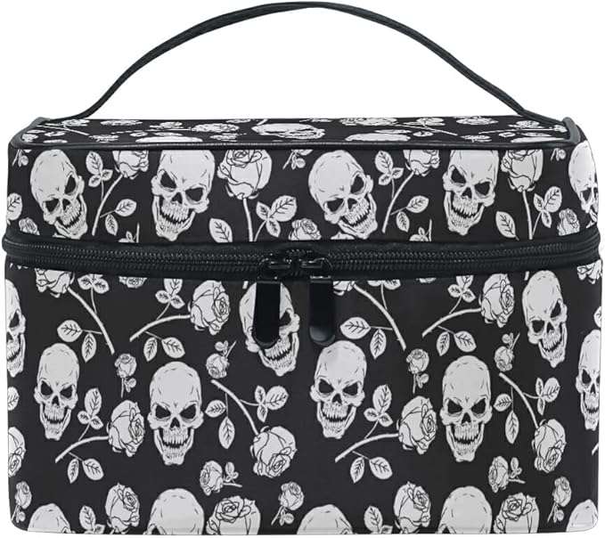 Skull Makeup Bag, Skull Rose Gothic Makeup Organizer Bags Toiletry Bag Box Travel Cosmetic Bag Make Up Train Case for Women Teen Girl Ladies