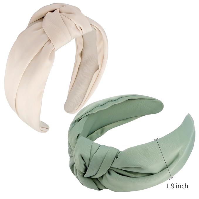 VELSCRUN White, Green 2 Pack Women's Satin Knotted Wide Non-Slip Elastic Turban Fashion Headbands for Hair Styling Accessories