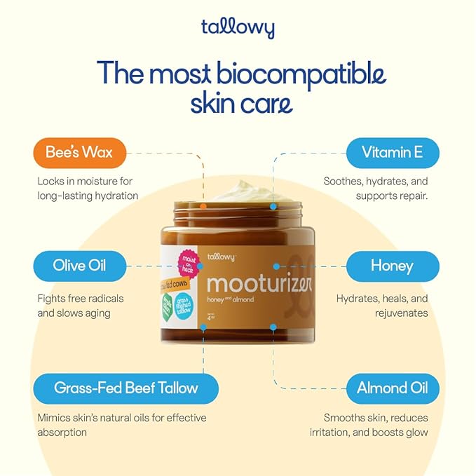 100% Grass-Fed Beef Tallow Balm for Skin – Non-Toxic Whipped Moisturizer for Face & Body – Soothes Dry, Sensitive Skin & Eczema – Honey Almond (4 oz)