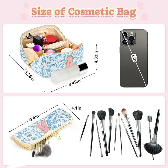 Personalized Travel Makeup Bag Set,Initial Travel Cute Floral Makeup Organizer Bag,Toiletry Skincare Cosmetic Bag,Christmas Gifts for Women/Girls,Open Flat Toiletry Pouch with Brush Pocket-P