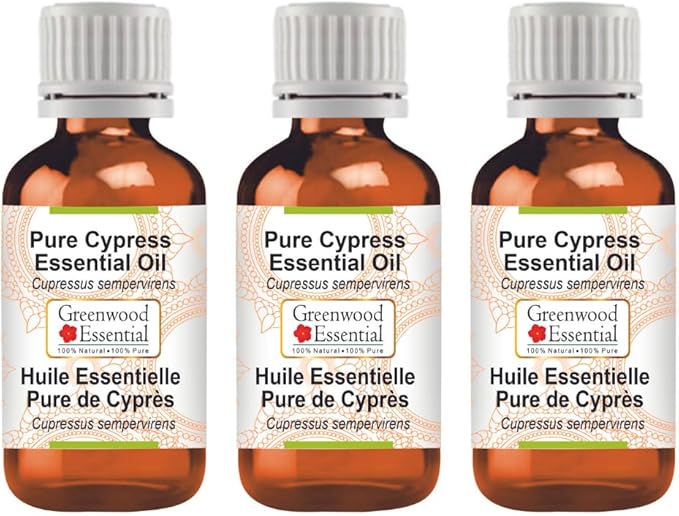 Greenwood Essential Pure Cypress Essential Oil (Cupressus sempervirens) Steam Distilled (Pack of Three) 100ml X 3 (10.1oz)