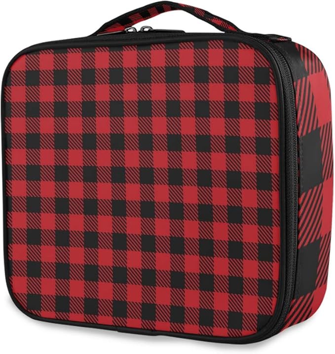 ALAZA Travel Makeup Case, Black and Red Lumberjack Plaid Cosmetic toiletry Travel bag for Women Girls