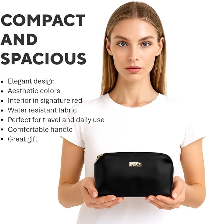 NAORI Travel Makeup Bag for Women | Large Luxury Cosmetic Organizer with Handle & Inner Pockets | Waterproof Leather Toiletry Bag | Makeup Case for Home, Travel & Gifting (Elegant Black)
