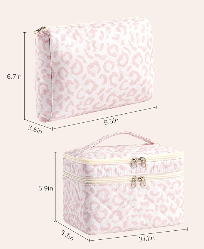 HBselect 2Pcs Travel Makeup Bag, Large Cotton Quilted Makeup Bag Cosmetic Bag Cute Make up Bag Toiletry Bags for Women Girls