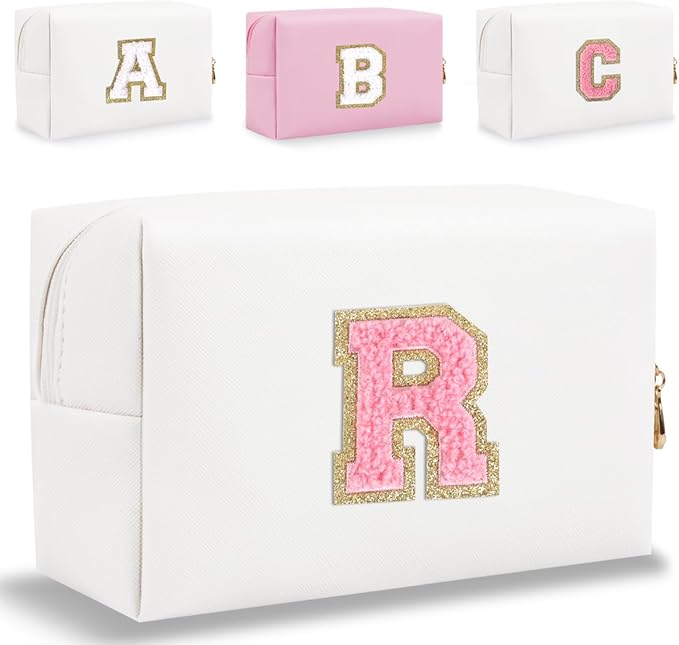 Small Personalized Letter Makeup Bag, Cute PU Leather Chenille Letters Cosmetic Bag Travel Makeup Pouch, Preppy Travel Organizer Zipper Pouch for Women&Girls（WhitePink-R）