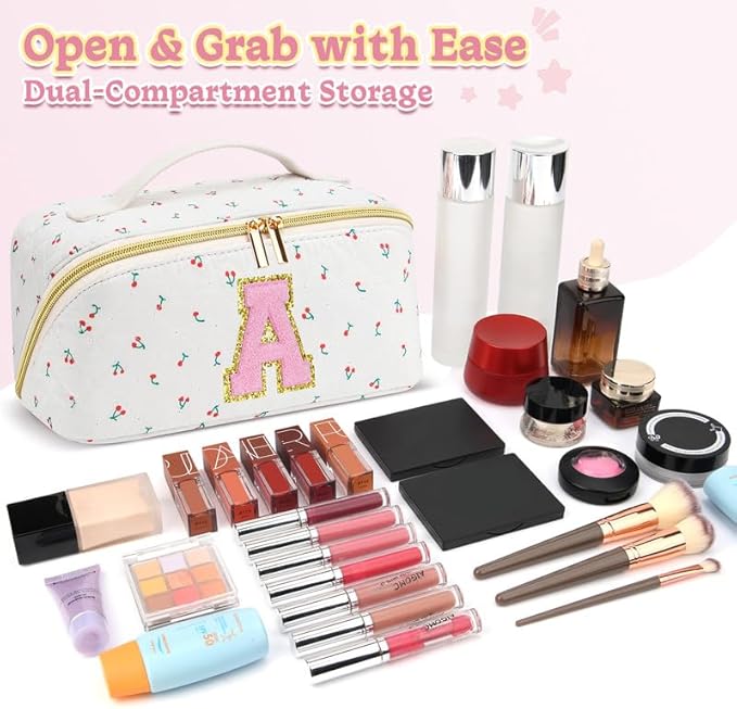 Personalized Travel Makeup Bag Set,Initial Travel Cute Cherry Makeup Organizer Bag,Toiletry Skincare Cosmetic Bag,Christmas Gifts for Women/Girls,Open Flat Toiletry Pouch with Brush Pocket-P