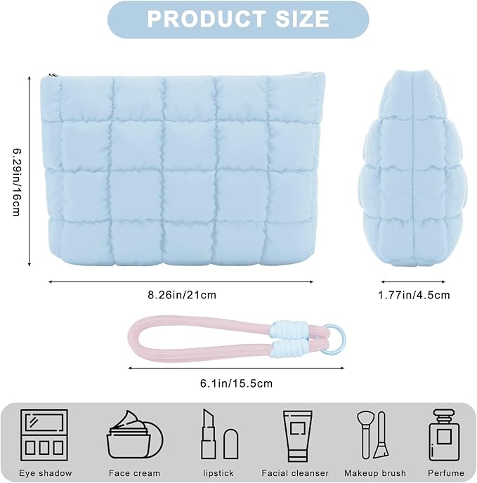 DOB SECHS Puffer Quilted Makeup Bag with Handle Detachable Cute Puffy Cotton Cosmetic Bag, Small Toiletry Zipper Make Up Pouch Purse, Checkered Storage Organizer Clutch Bag, Travel Pouches Case, Blue
