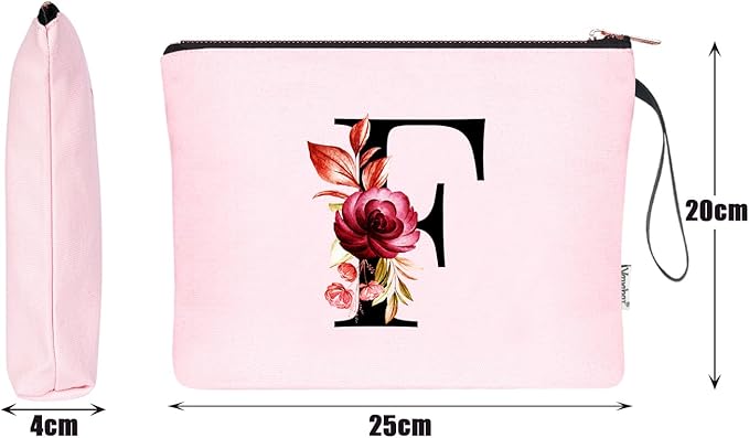 Vavabox A-Z Personalized Makeup Bag, Birthday Gifts for Women Mom, Gifts for Best Friend, Bride Bridesmaid Cosmetic bag (F, Pink)