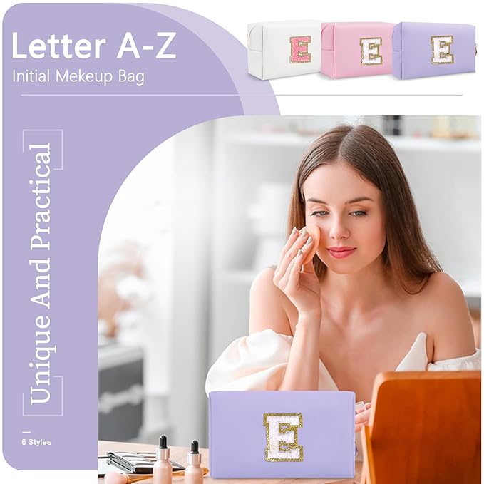 Personalized Makeup Bag Initial A-Z Preppy Patch Bag,Small PU Leather Travel Cosmetic Bag Pouch with Zipper,Purple Cute Toiletry Bag,Gift Ideal for Teen Girls Women Birthday Friend Mom,Latter E