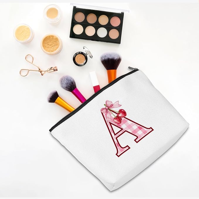 Initial Makeup Bag Monogram Cosmetic Bag Monogrammed Gifts for Women Girls Friends Coworker Teacher Personalized Travel Toiletry Bag Christmas Bridal Shower Wedding Bridesmaid Gifts, Cherry A