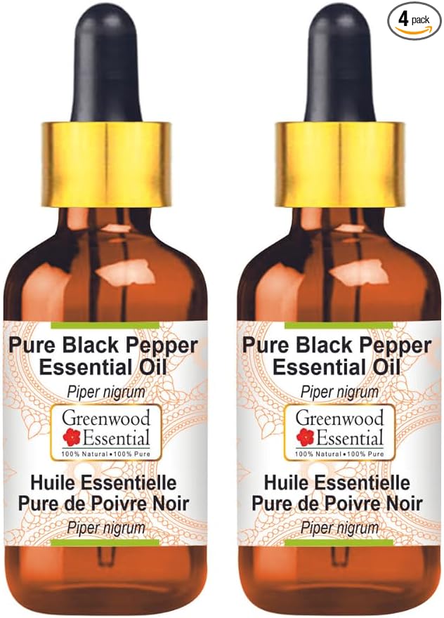 Greenwood Essential Pure Black Pepper Essential Oil (Piper nigrum) with Glass Dropper Steam Distilled (Pack of Two) 100ml X 2 (6.76 oz)
