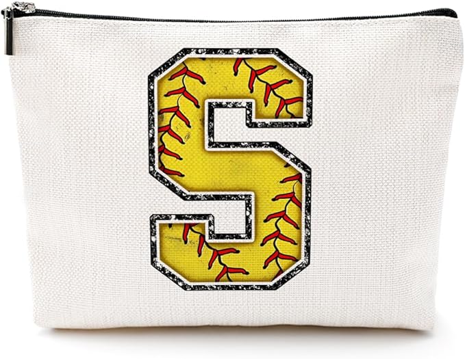 Softball Gifts Initial Monogrammed Cosmetic Bag, Makeup Bag, Travel Organizer, Zipper Pouch, Softball Accessories for Women, Girls, Coach, Friend, Graduation, Birthday Gifts