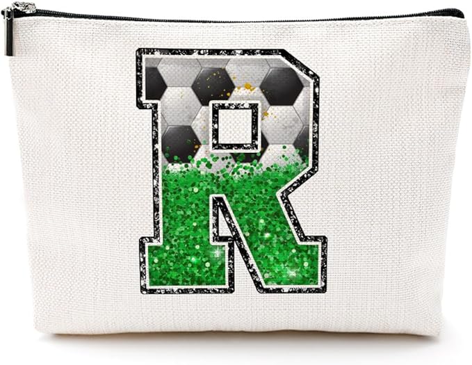 Initial Makeup Bag Monogrammed Cosmetic Bag Letter R Zipper Pouch Soccer Accessories for Girls Women Player Coach Friend Stuff Graduation Birthday Gifts