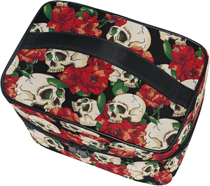 Skull Goth Makeup Bag, Gothic Skull and Flower Travel Makeup Organizer Bags Toiletry Bag Box Travel Cosmetic Bag Make Up Train Case for Women Teen Girl Ladies