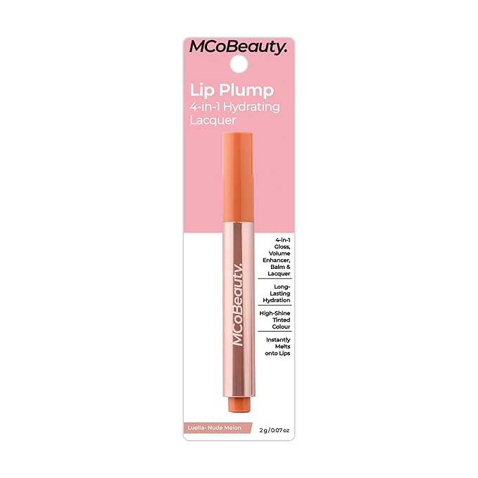 MCoBeauty - Lip Plump 4-in-1 Hydrating Lacquer - Multi-Benefit Lip Color with Shea Butter, Hyaluronic Acid and Click-Pen Format - Luella, Nude Melon Shade - 2.5ml