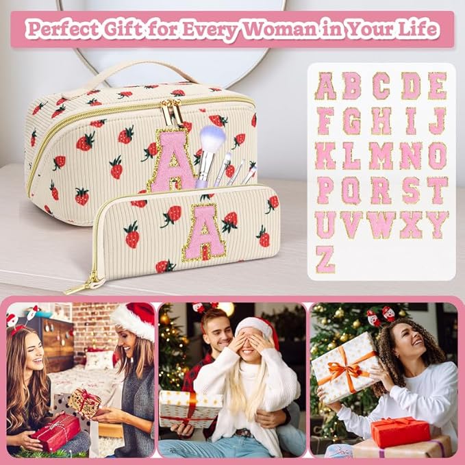 Personalized Travel Makeup Bag Set,Initial Travel Strawberry Makeup Organizer Bag,Toiletry Skincare Cosmetic Bag,Christmas Gifts for Women/Girls,Open Flat Toiletry Pouch with Brush Pocket-F
