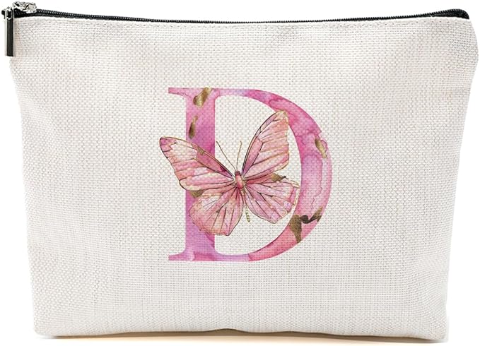 Initial Makeup Bag Pink Butterfly D Personalized Cosmetic Bag Monogrammed Gifts for Women Girls Bride Grandma Monogram Zipper Pouch for Friendship Mothers Day Birthday Wedding Bridal Shower Gifts
