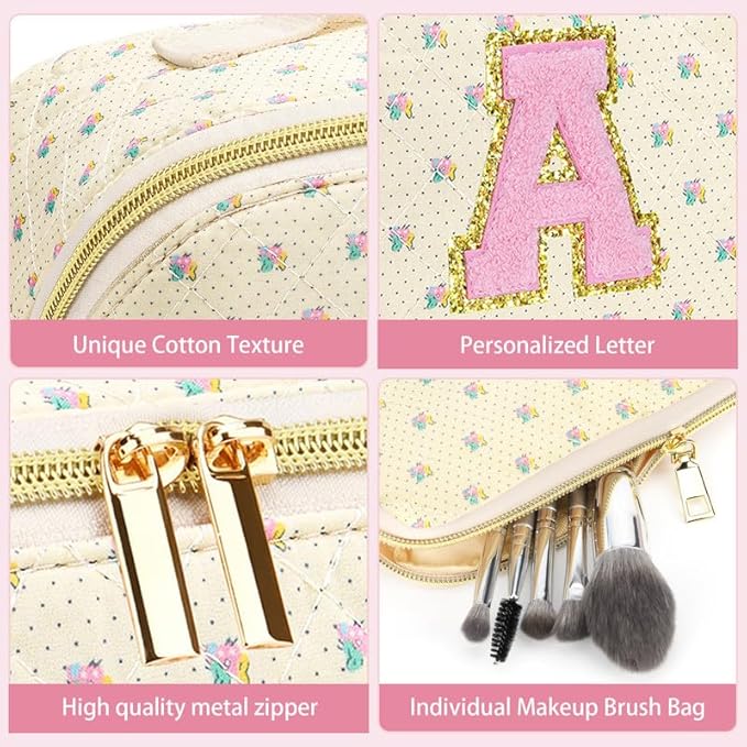 Personalized Travel Makeup Bag Set,Initial Travel Cute Floral Makeup Organizer Bag,Toiletry Skincare Cosmetic Bag,Christmas Gifts for Women/Girls,Open Flat Toiletry Pouch with Brush Pocket-F